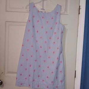 Talbots Blue and White Striped With Pink Palm Trees Shift Dress Sz L